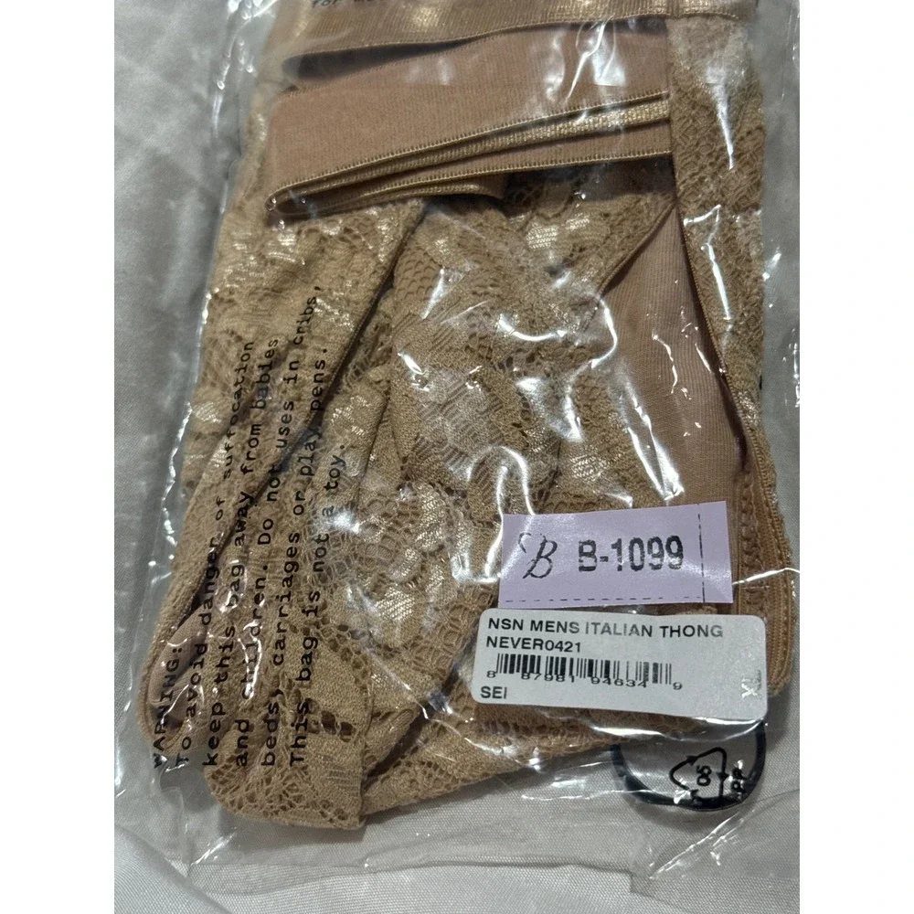 Cosabella Never Say Never Men's Italian Lace Thong Nude Beige Size XL NWT